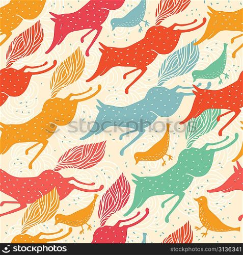vector seamless pattern with colorful running foxes