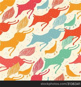 vector seamless pattern with colorful running foxes