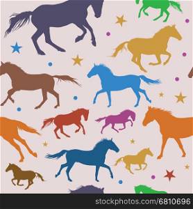 Vector Seamless Pattern with colorful running horses on grey background