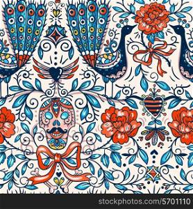 vector seamless pattern with colorful vintage roses,skulls and peacocks