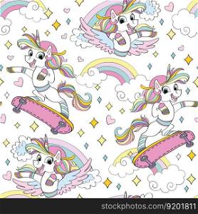 Vector seamless pattern with cool unicorn on a skateboard. Magic repeated texture with cartoon characters. Childish print for kids fabric, design, print, decor, wrapping paper. Fantasy background. Seamless pattern with unicorn on a skateboard vector