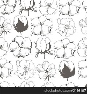 Vector seamless pattern with cotton plant flower. Line illustration of cotton flowers.. Vector seamless pattern with cotton plant flower.