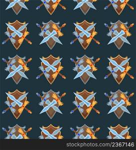 Vector seamless pattern with crossing cartoon swords and shields on dark background. Protection and strength. Rich knightley uniform. Texture with gold and silver weapon for wallpaper and games. Vector seamless pattern with crossing cartoon swords and shields on dark background. Protection and strength.