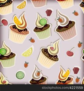 vector seamless pattern with cupcakes, fruits and berries