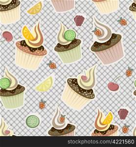 vector seamless pattern with cupcakes, fruits and berries