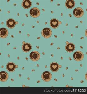 Vector seamless pattern with cups coffee and coffee beans. Illustration cups with hearts sketch engraving style for coffee shop or packaging. Vintage background with brown details on blue backdrop.