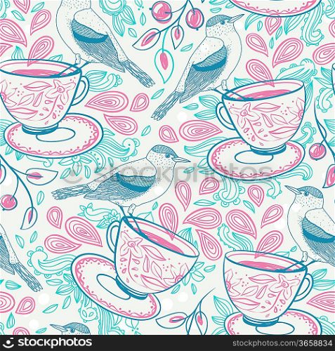 vector seamless pattern with cups of tea and blue birds