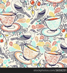 vector seamless pattern with cups of tea and little birds