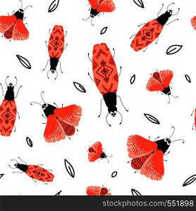 Vector seamless pattern with cute cartoon bug or beetle, flat and doodles, scandinavian style. Ideal for print, textile, fabric. Vector cartoon bugs