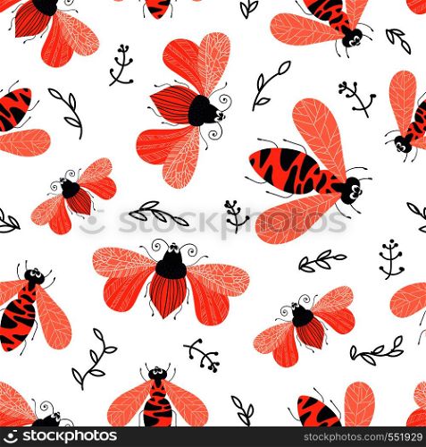Vector seamless pattern with cute cartoon bug or beetle, flat and doodles, scandinavian style. Ideal for print, textile, fabric. Vector cartoon bugs