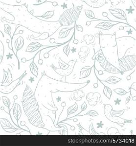 vector seamless pattern with cute foxes and birds with cherry branches