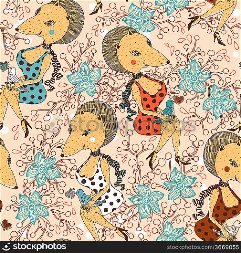 vector seamless pattern with cute foxes on a floral background