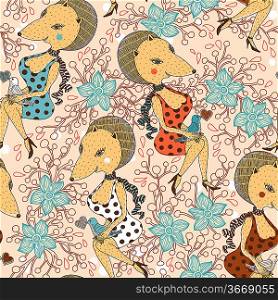 vector seamless pattern with cute foxes on a floral background