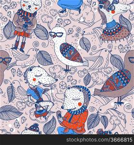 vector seamless pattern with cute funny animals