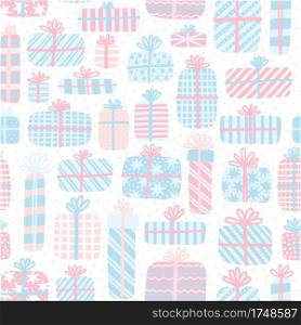 Vector seamless pattern with cute gifts. Hand-drawn illustration in pastel colors on a white background. 