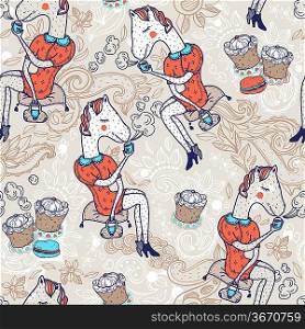 vector seamless pattern with cute horses and yummy cupcakes