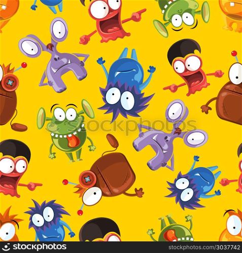 Vector seamless pattern with cute monsters. Vector seamless pattern with cute monsters. Funny monster characters on yellow background