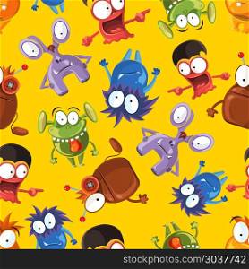 Vector seamless pattern with cute monsters. Vector seamless pattern with cute monsters. Funny monster characters on yellow background