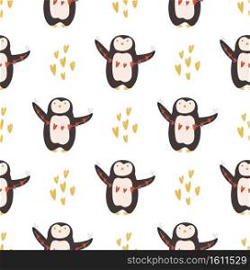 Vector seamless pattern with cute penguins for St. Valentines Day. Holiday background with lovely animal characters. Vector seamless pattern with cute penguins for St. Valentines Day.