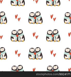 Vector seamless pattern with cute penguins for St. Valentines Day. Holiday background with lovely animal characters. Vector seamless pattern with cute penguins for St. Valentines Day.