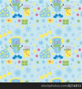 Vector seamless pattern with cute snowman, snowflakes, christmas gifts, stars, garland on light blue background