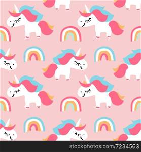 Vector seamless pattern with cute unicorns and rainbows on pink background. Magic background for kid wallpaper or greeting card.. Vector seamless pattern with cute unicorns and rainbows on pink background. Magic background for kid wallpaper or greeting card