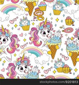 Vector seamless pattern with cute unicorns and sweets. Magic repeated texture with cartoon characters. Childish print for kids fabric, design, print, decor, wrapping paper. White fantasy background. Seamless pattern with lovely unicorns and sweets vector