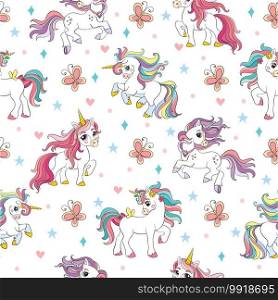 Vector seamless pattern with cute unicorns with colorful manes isolated on white background. Illustration for party, print, baby shower, wallpaper, design, decor,design cushion, linen, dishes.. Seamless vector pattern with colorful unicorns white