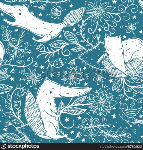 vector seamless pattern with cute white foxes