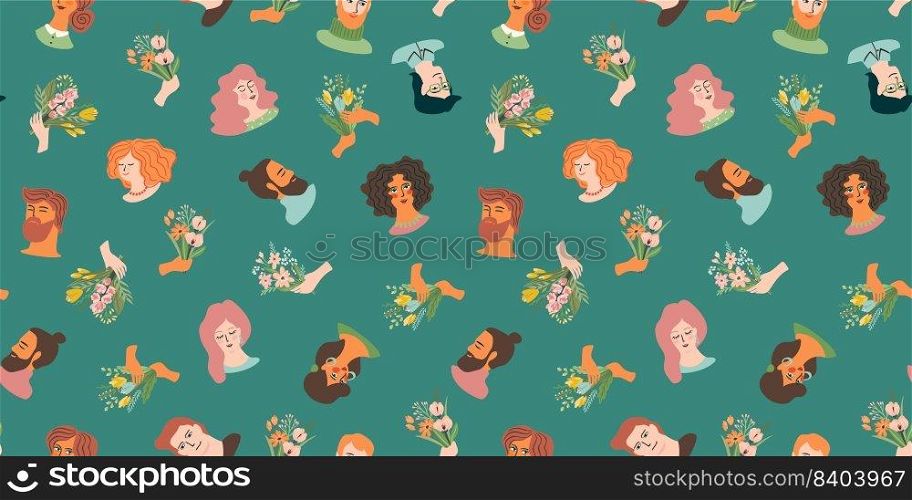 Vector seamless pattern with cute young women and men in love. For Happy Valentine s Day concept and other use. Design element.. Vector seamless pattern with cute young women and men in love. For Happy Valentine s Day concept and other use.