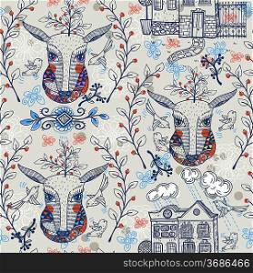 vector seamless pattern with deers, berries and houses in a vintage style