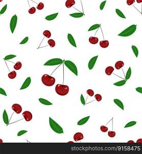 Vector seamless pattern with delicious red cherry berries and leaves on a white background. Healthy food print.. Vector seamless pattern with delicious red cherry berries and leaves on a white background. Healthy food print