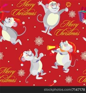 Vector seamless pattern with different cute mouse characters on red background. Vector stock illustration.Winter holiday, Christmas eve concept. For prints, banners, stickers, cards