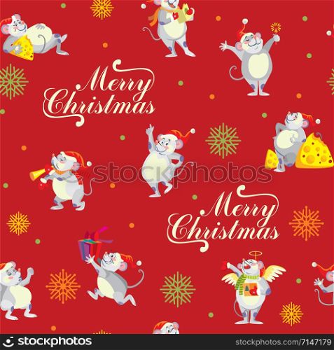 Vector seamless pattern with different cute mouse characters on red background. Vector stock illustration.Winter holiday, Christmas eve concept. For prints, banners, stickers, cards