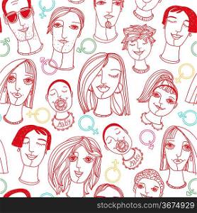vector seamless pattern with different faces of adults and children