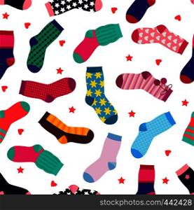 Vector seamless pattern with different funny socks. Sock seamless pattern, illustration of clothing cotton, warm and knitwear hosiery. Vector seamless pattern with different funny socks