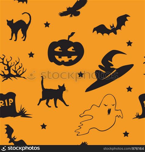 Vector seamless pattern with different Halloween icons (bat, owl, ghost, Grave, black cat, witch hat, Cemetery,stars ) on orange background, stock illustration