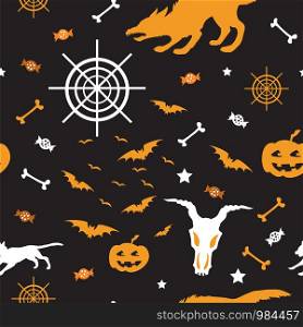 Vector seamless pattern with different Halloween icons (bat, skull with hornes, web, werewolf, candy, pumpkin) on black background, stock illustration