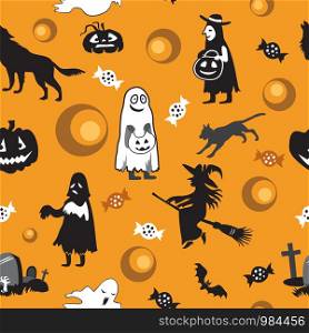 Vector seamless pattern with different Halloween icons (bat, witch, ghost, Grave, black cat, wolf, Cemetery, candy, pumpkin) on orange background, stock illustration