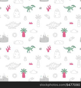 Vector seamless pattern with dinosaur mountains palm cactus cloud asteroid and grass