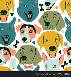 Vector seamless pattern with dog muzzles and dog life elements