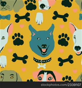Vector seamless pattern with dog muzzles and dog life elements