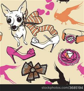 vector seamless pattern with dogs,birds and fashion things