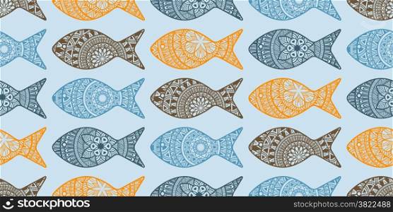 Vector Seamless Pattern with Doodle Fishes, fully editable eps 10 file with clipping masks and seamless pattern in swatch menu, fishes can be used separatele