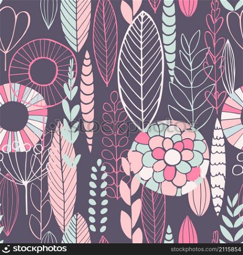 Vector seamless pattern with doodle plants.