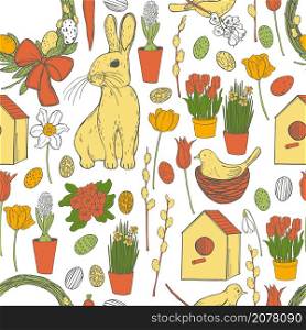 Vector seamless pattern with Easter Bunny and spring flowers. Sketch illustration.. Vector pattern with Easter Bunny and spring flowers.