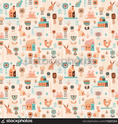 Vector seamless pattern with easter symbols and folk flowers. For Easter and other users. Design element.. Vector seamless pattern with easter symbols and folk flowers. For Easter and other users.