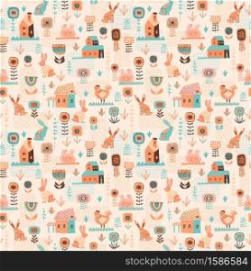 Vector seamless pattern with easter symbols and folk flowers. For Easter and other users. Design element.. Vector seamless pattern with easter symbols and folk flowers. For Easter and other users.
