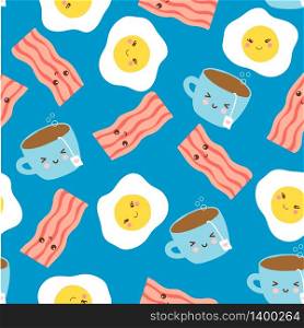 Vector seamless pattern with eggs, cup of tea and fried bacon. Abstract breakfast wallpaper, textile, scrapbooking design. seamless pattern with eggs and bacon. breakfast wallpaper