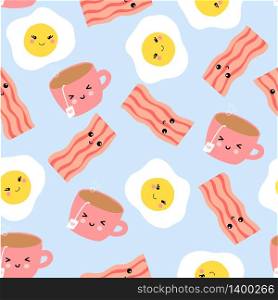 Vector seamless pattern with eggs, cup of tea and fried bacon. Abstract breakfast wallpaper, textile, scrapbooking design. seamless pattern with eggs and bacon. breakfast wallpaper